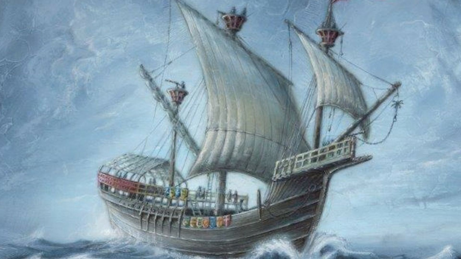 Reconstruction of the Danish 15th century carrack Gribshunden by Mats Vänehem. The illustration is displayed at the museum at Kallvattenkuren in Ronneby brunn. Photography was allowed in the museum without restriction.