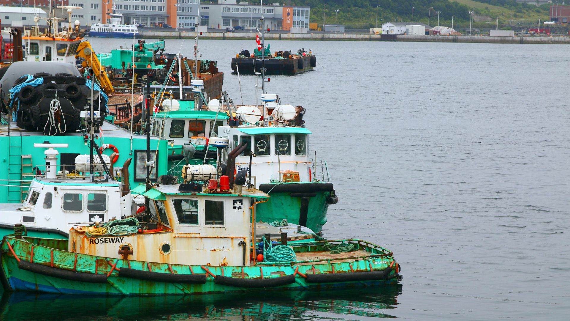 Vibrant fishing boats moored at Dartmouth harbor, Nova Scotia, Canada.