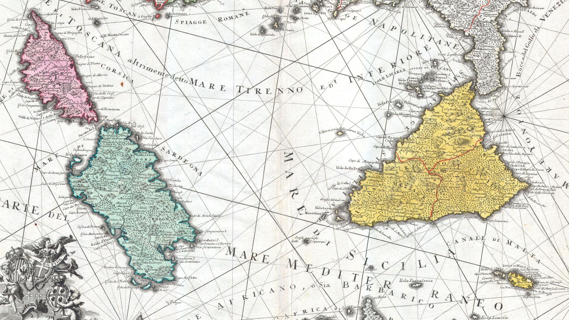 This is one of the Homann Heirs finest and most appealing maps of southern Italy, Sicily and Sardinia.  Covers the region from Corsica and the boot of Italy south to Tunisia and North Africa.  Includes the island of Malta in the lower right quadrant.  Low