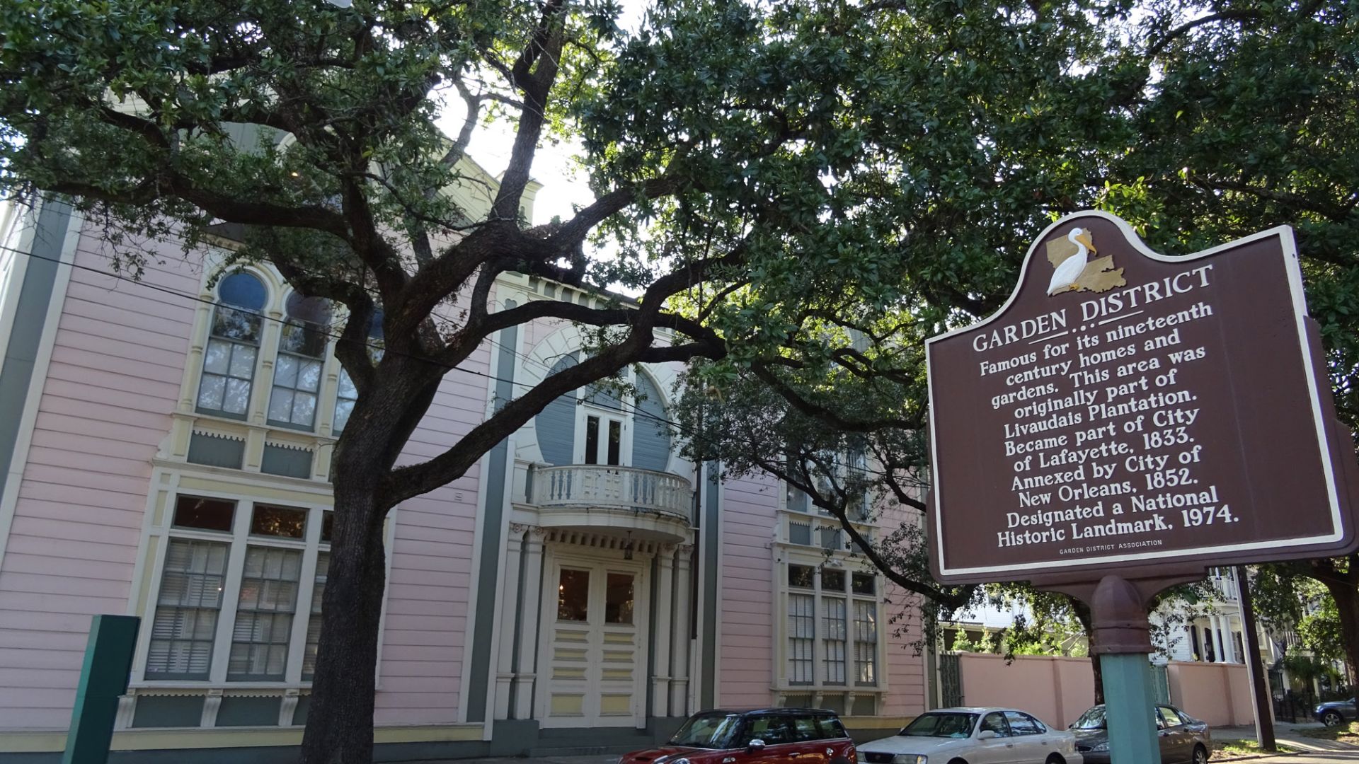 Garden District. Famous for its nineteenth century homes and gardens. This area was originally part of Livaudais Plantation. Became part of City of Lafayette, 1833. Annexed by City of New Orleans, 1852. Designated a National Historic Landmark, 1974.