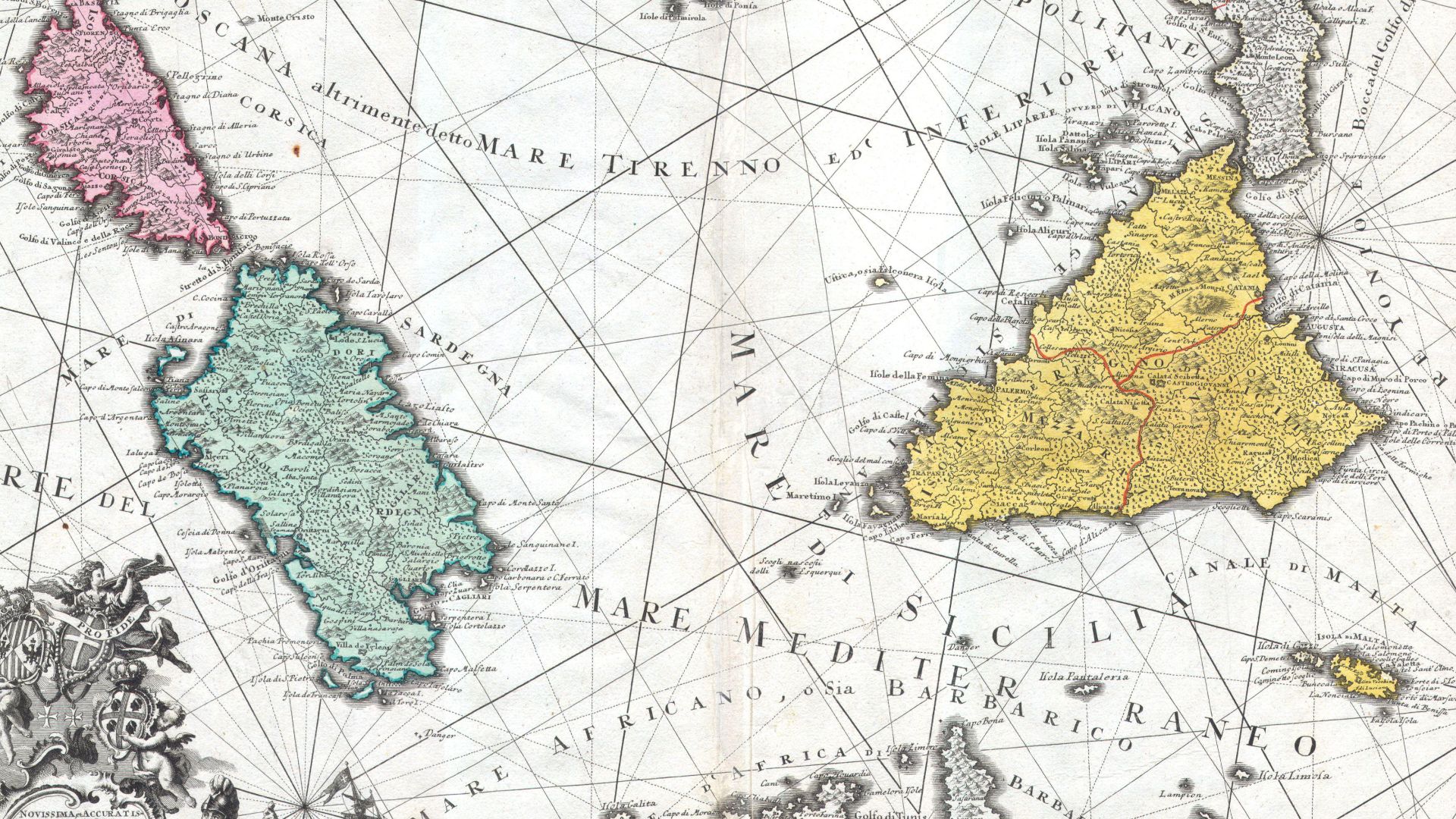 This is one of the Homann Heirs finest and most appealing maps of southern Italy, Sicily and Sardinia.  Covers the region from Corsica and the boot of Italy south to Tunisia and North Africa.  Includes the island of Malta in the lower right quadrant.  Low