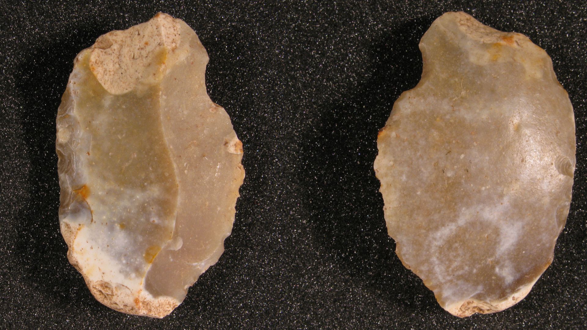 Knapped flint side-scraper with a notch.  Prehistoric (Neolithic/Bronze Age, or plausibly Upper Palaeolithic).  Mass: 11.0g; length: 44.0mm; width: 28.7mm; thickness: 10.3mm.  Light brown flint, approximately 5% cortex (at the distal and proximal ends).  