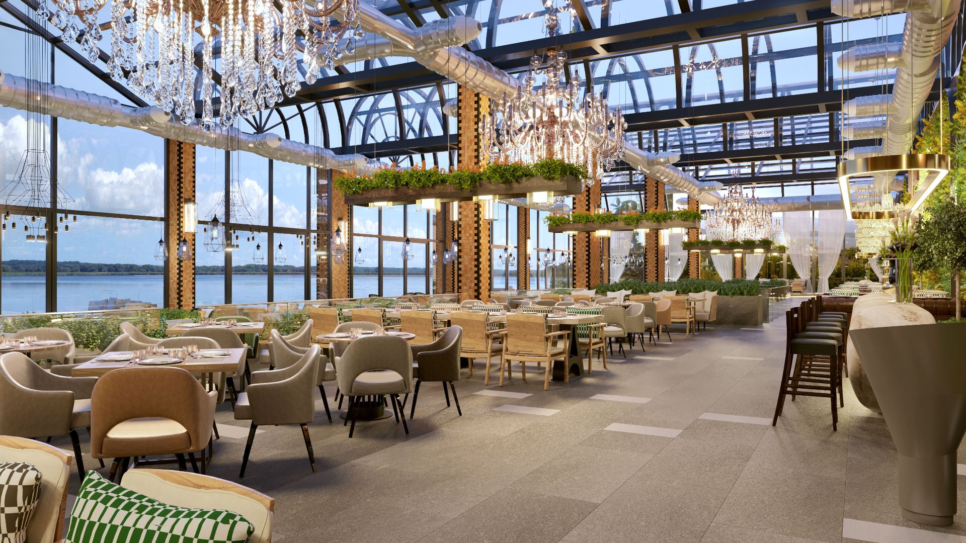 Elegant restaurant interior in Baghdad featuring chandeliers and a view.