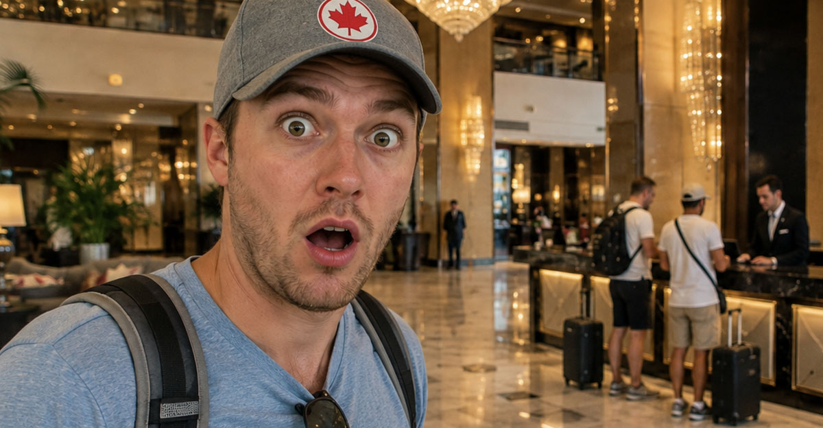 Shocked Canadian man in an American hotel lobby