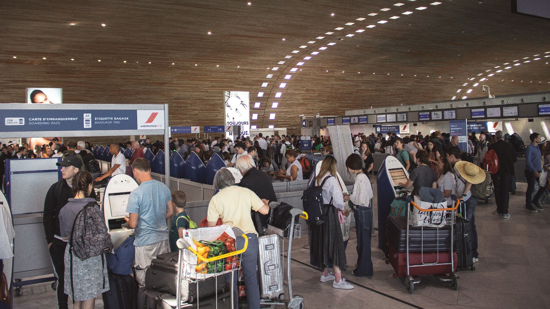 Crowded airport terminal with travellers in line. Indoor setting with modern architecture.