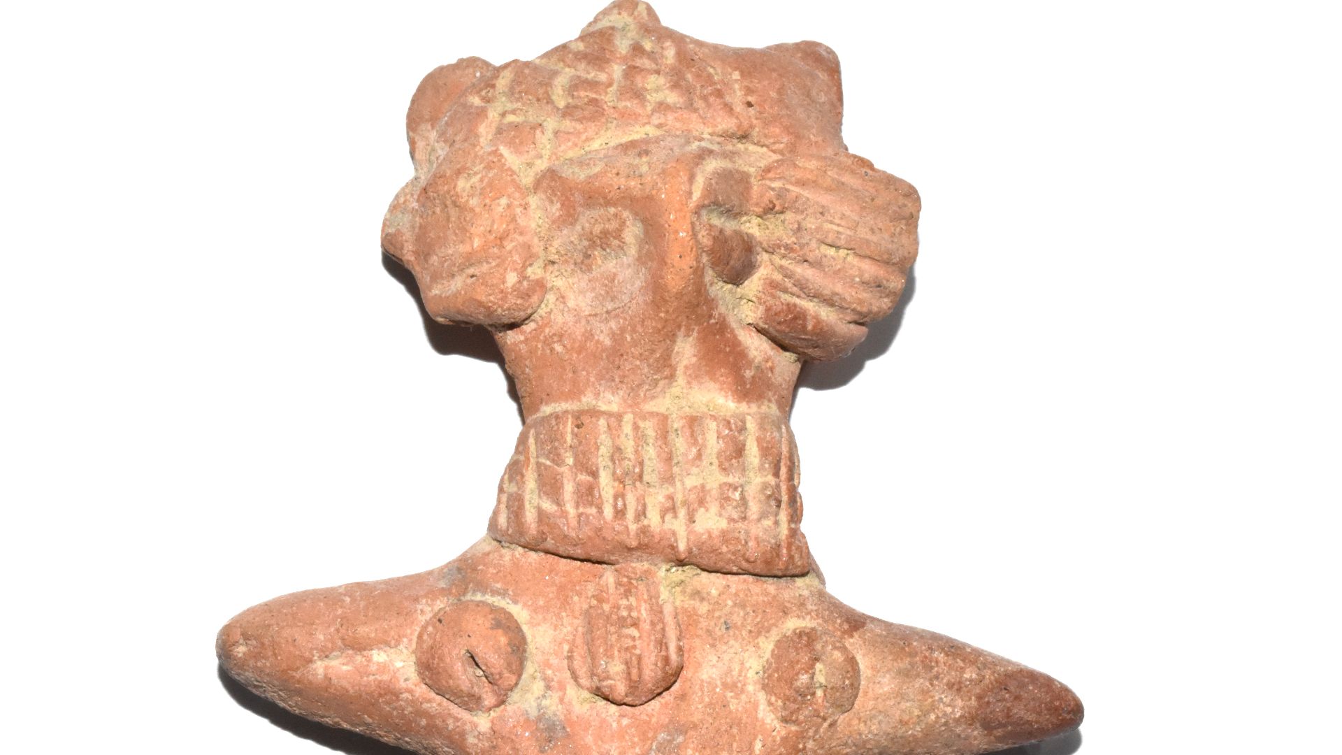 A terracotta bust (fragment) of a fertility goddess with button eyes and choker necklace, Shunga Empire (North-West Frontier, Pakistan), circa 1st century BCE. Size: 70mm; weight: 42.49g. Reference: A.G. Poster (From Indian Earth), No. 50. Cherrygarden co