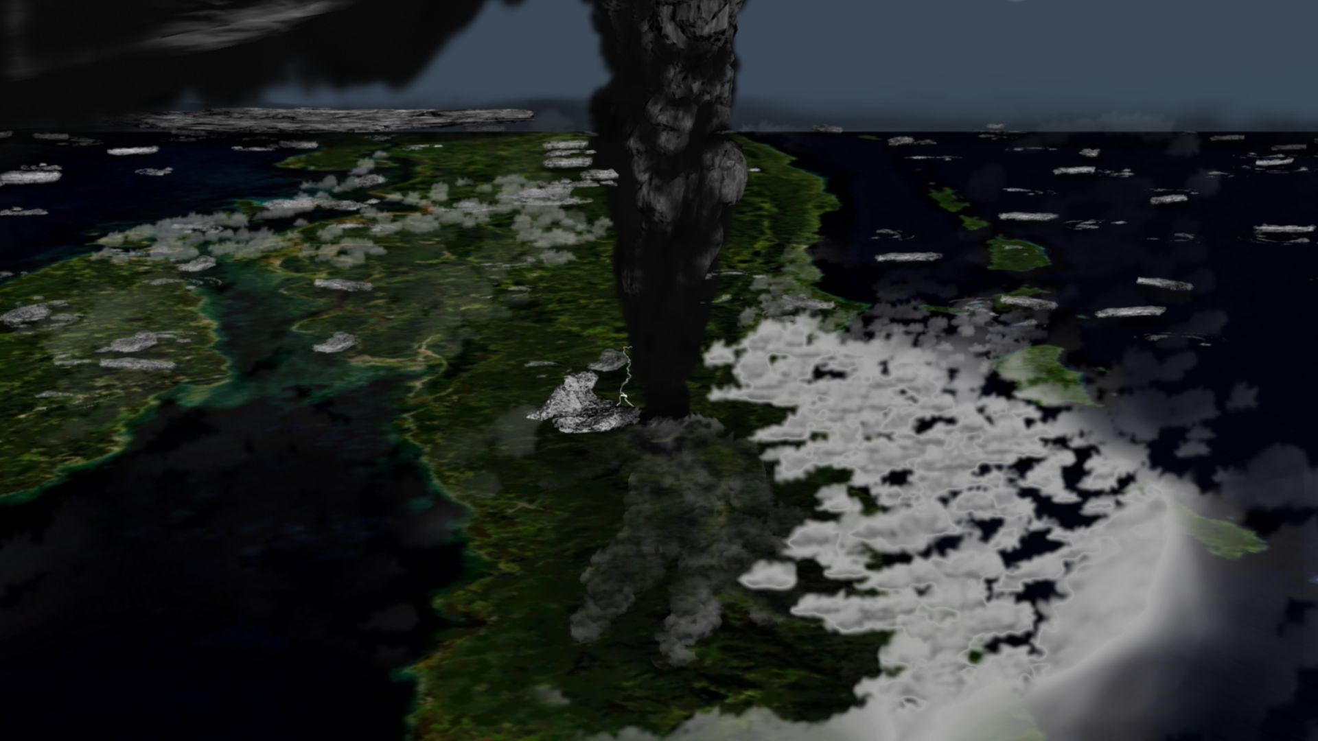 Illustration of what the Toba eruption might have looked like around 42 km above northern Sumatra.