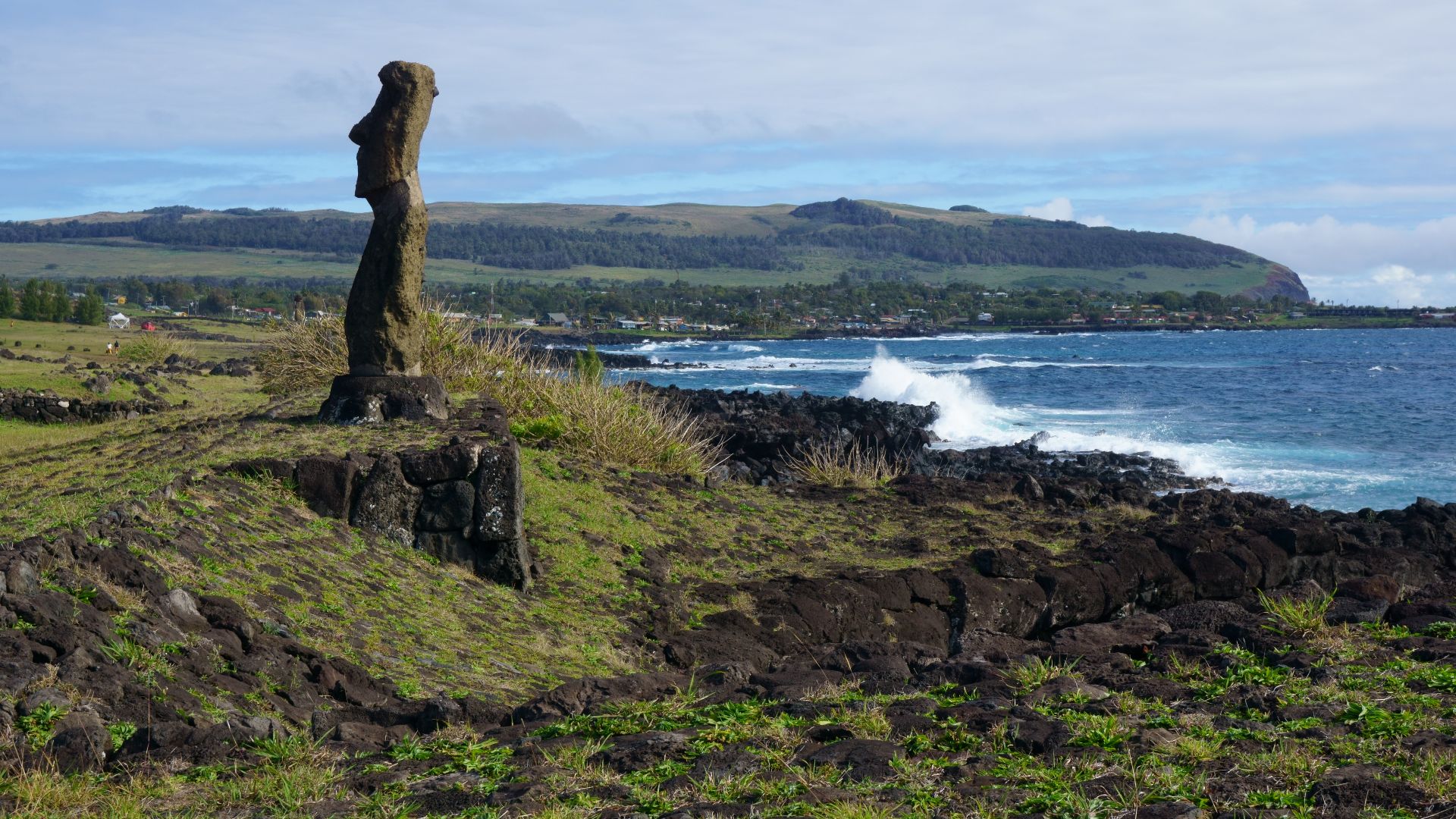 Ahu in Easter Island. Hanga Roa seen in the background.