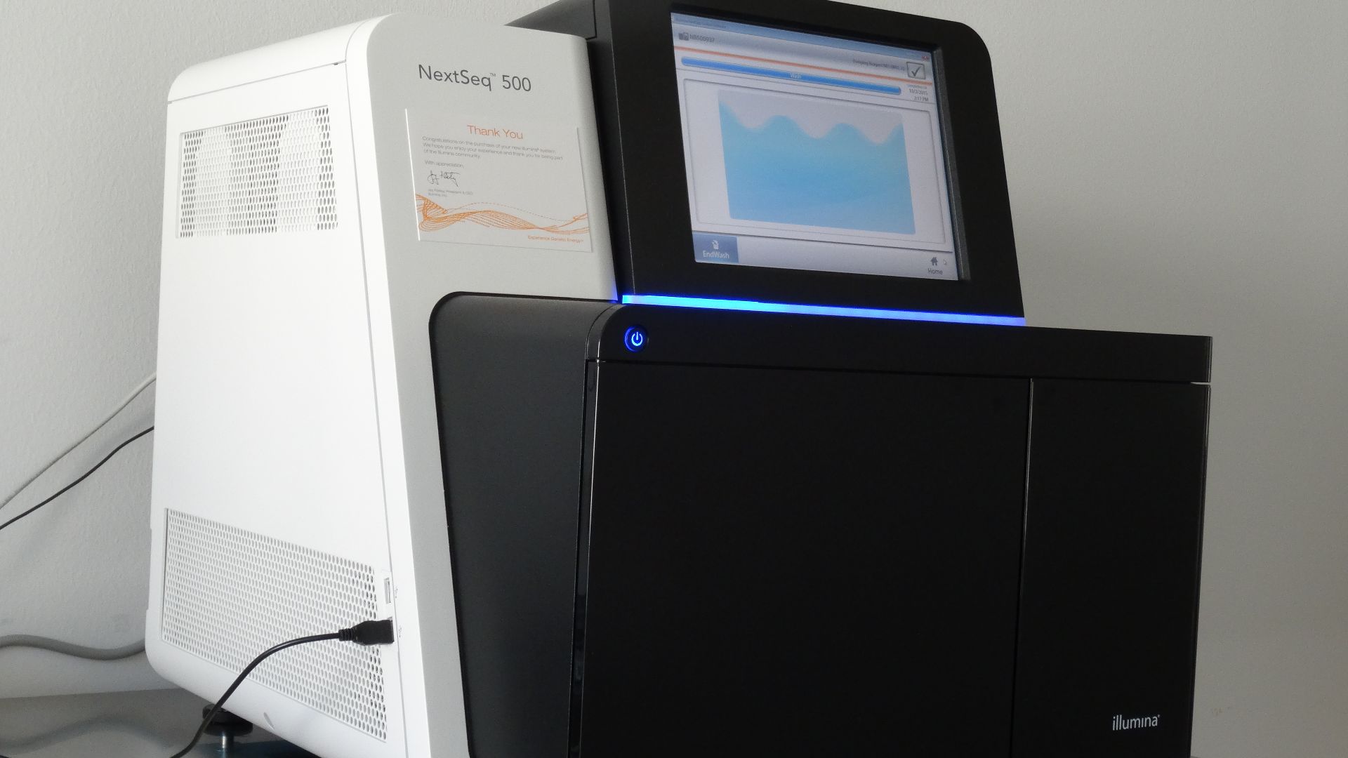 The Illumina NextSeq 500 System is a desktop sequencer that carries out applications such as whole-genome sequencing, exome sequencing, whole transcriptome sequencing, mRNA-Seq, and methylation sequencing, among others.