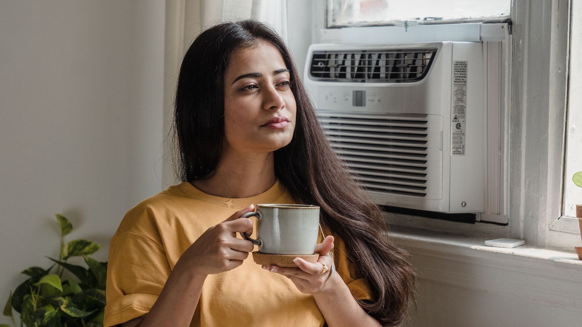 South Asian woman sitting indoors, sipping tea and relaxing by the window.
