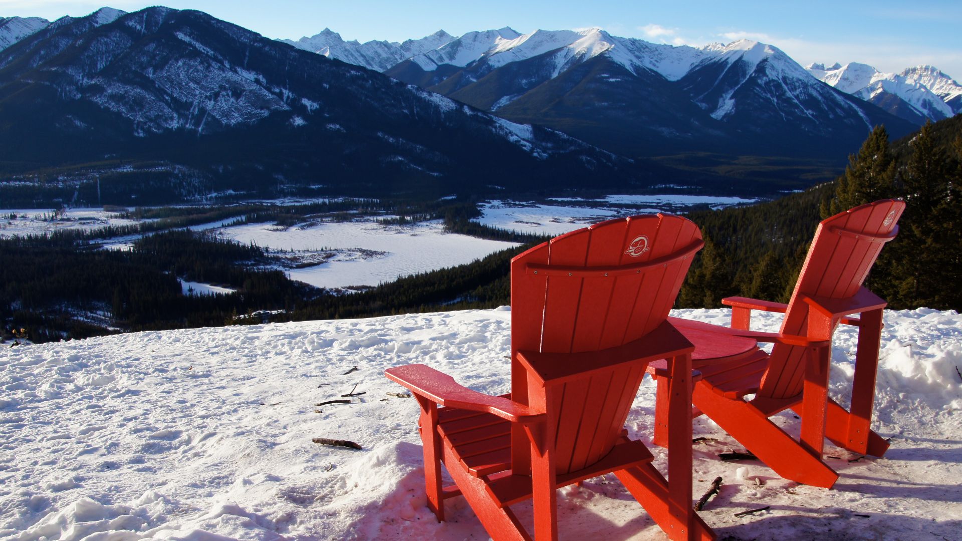Adirondack chair, overlooking the Bow Valley, Banff, Alberta, Canada