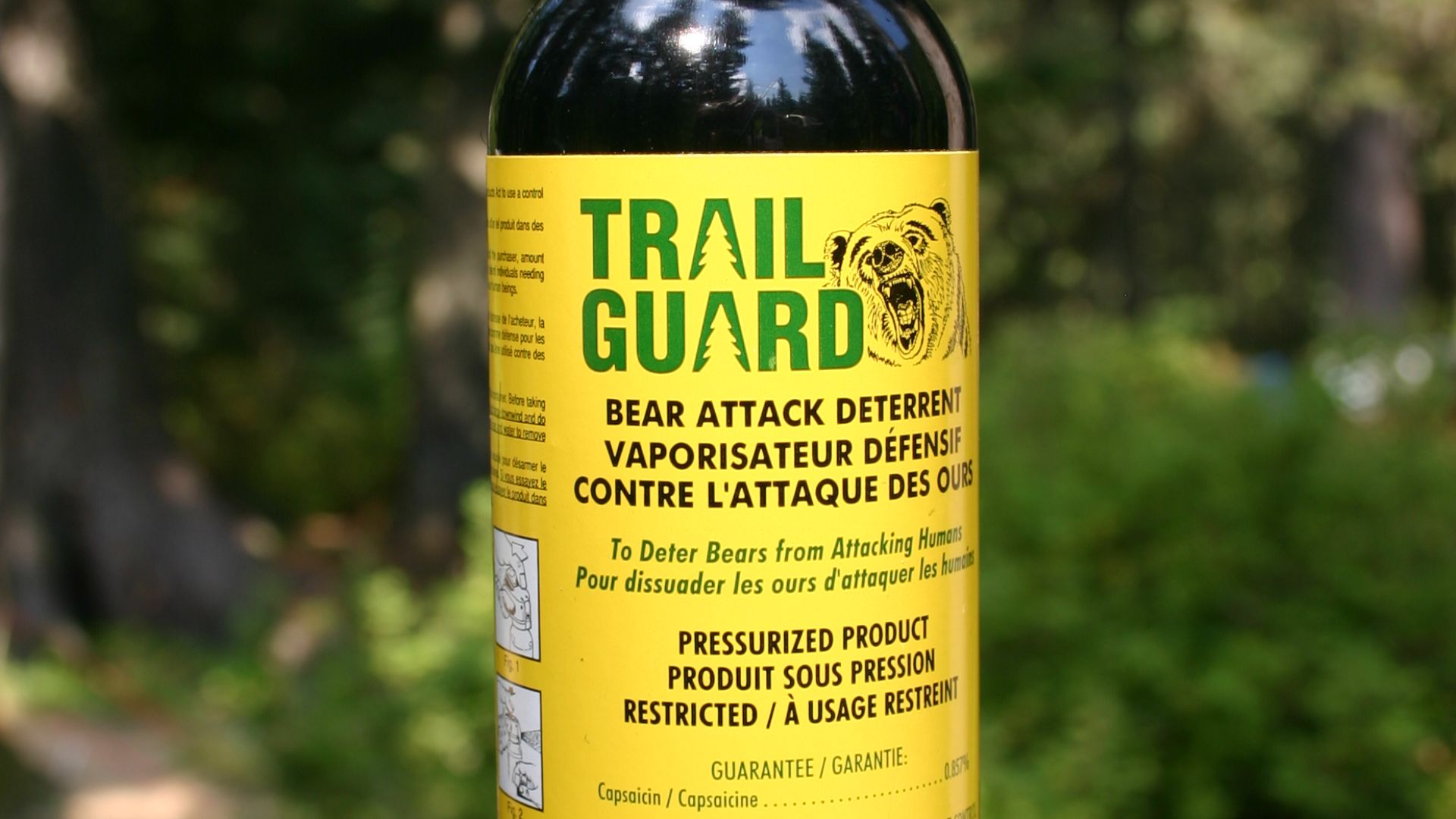 Photograph of bear attack deterrent spray. Bought in British Columbia, Canada. Height: approximately 20 cm. The white clip on top prevents from accidentally firing the spray. It is made of a phosphorescent material and is therefore clearly visible at nigh