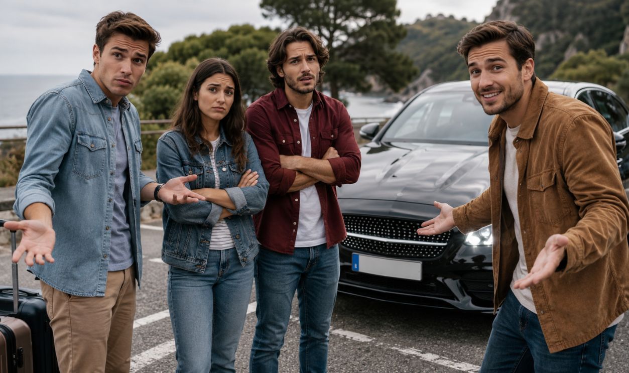 Puzzled Travelers by a Luxury Sedan