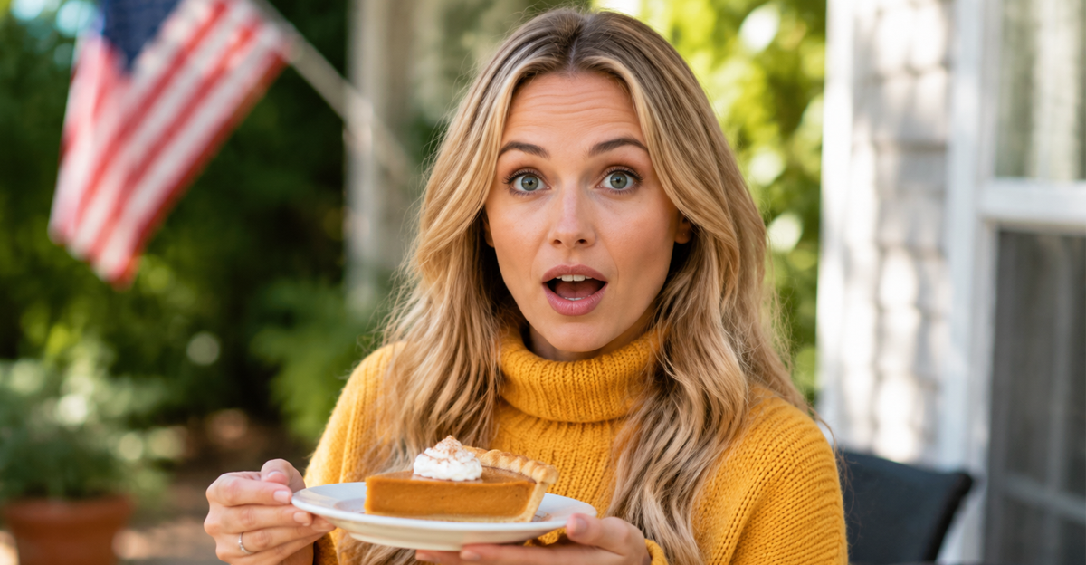 AI-generated image of blonde woman holding pumpkin pie