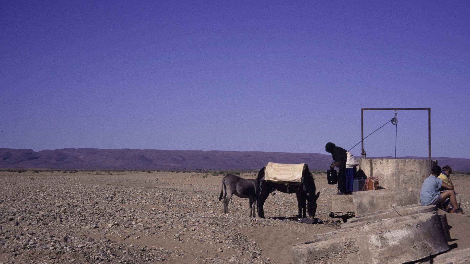 Three people, one in black, stand and sit by a round concrete well with a pulley on a expanse of stone and sand. A large black donkey with a white cover and a smaller one are standing by. Ahead a sandy plain with scattered shrubs and beyond that a mountai