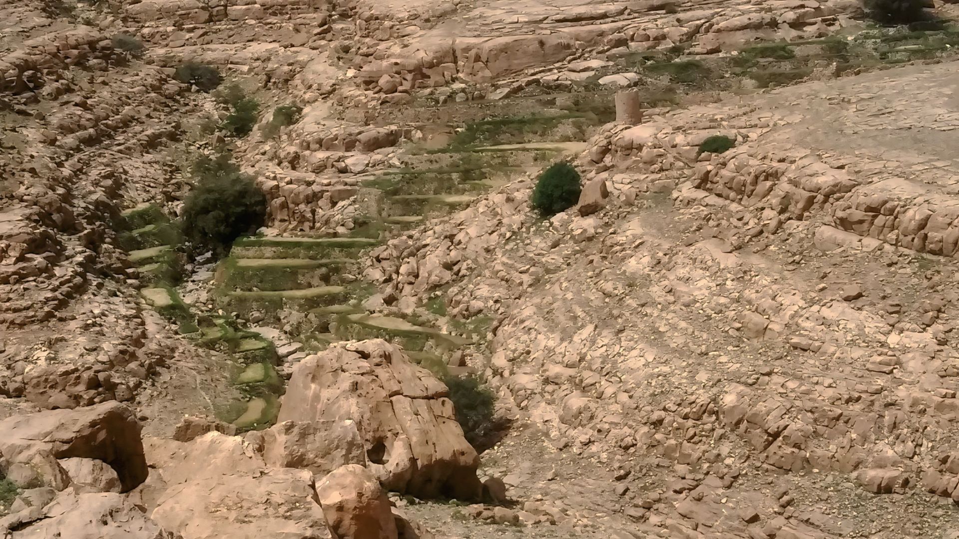 A rural landscape showing mountain agricultural terraces in Hijrat Al-Malahah, featuring an ancient circular stone watchtower at the top to monitor the fields, showcasing traditional Yemeni life