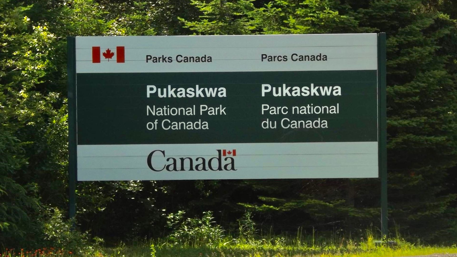 The welcome sign at the entrance to Pukaskwa National Park in Ontario, Canada, as seen on a July 2015 afternoon. By far the largest national park in the province, this 725-square-mile expanse was established in 1978 to protect the majestic boreal forests 