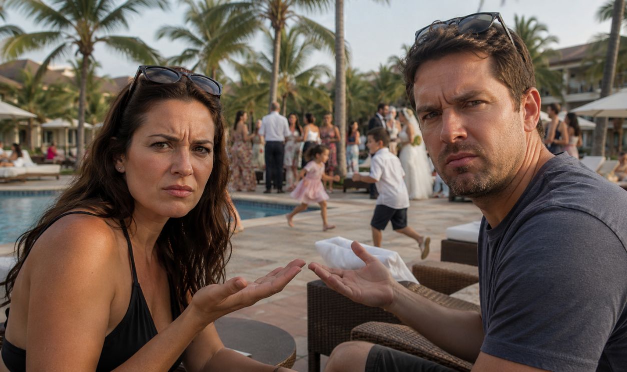 Puzzled Couple Amid Resort Poolside Chaos