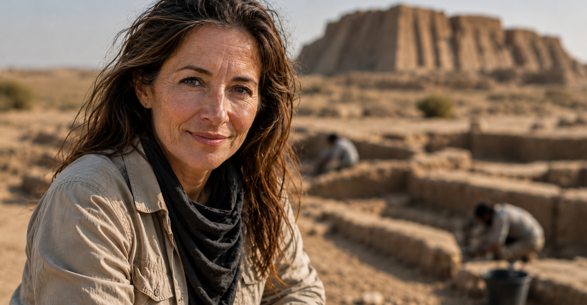 Female archeologist looking at camera, dig site in background