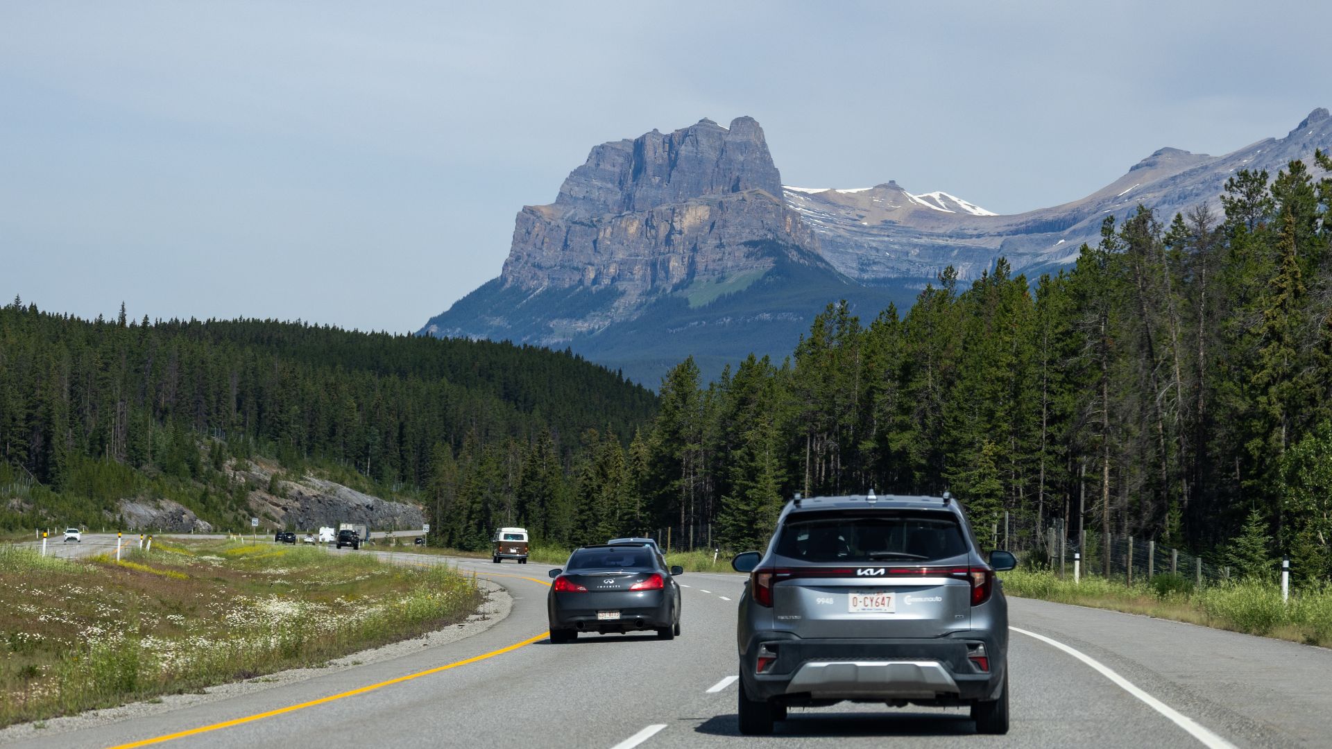 Trans-Canada Highway with a view of the Rocky Mountains, Alberta, 2025-07-11