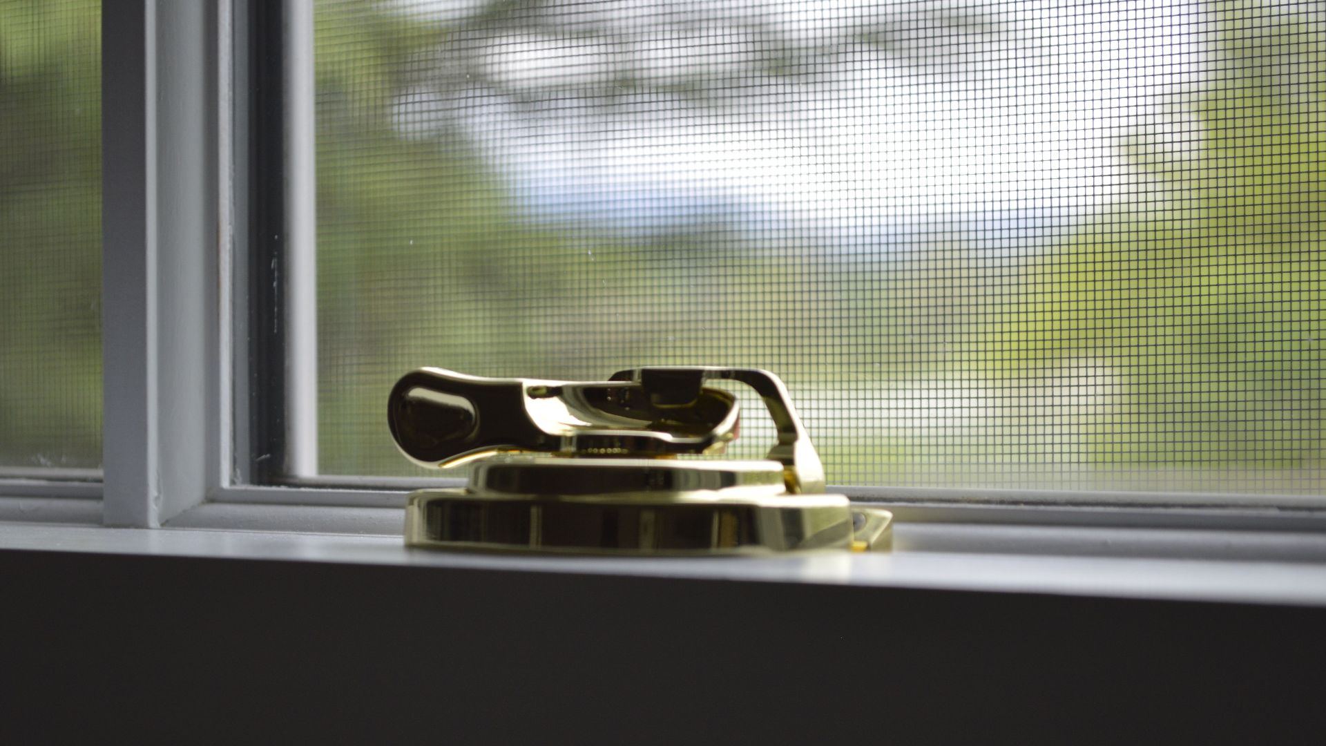 A detailed view of a shiny brass window lock against a blurred outdoor background. Perfect for home and security themes.
