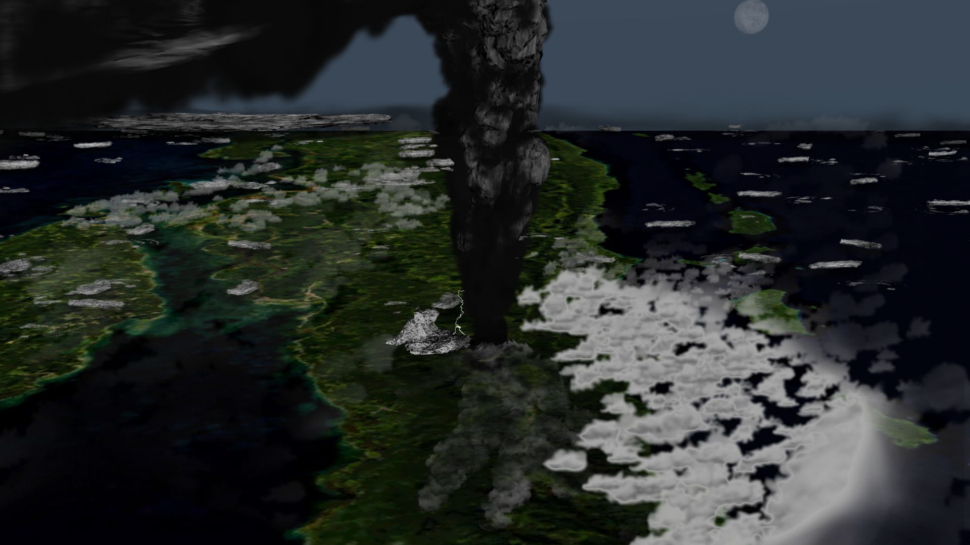 Illustration of what the Toba eruption might have looked like around 42 km above northern Sumatra.