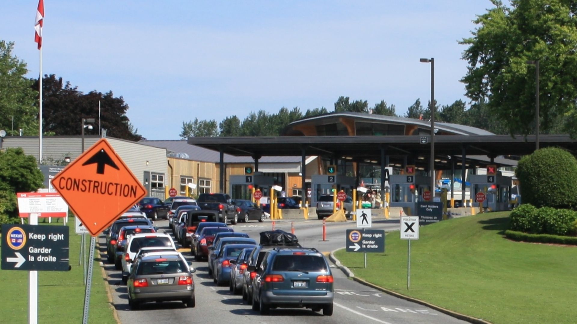 Cars approaching Canada Customs at Surrey, BC in Canada from Blaine, WA in the U.S.