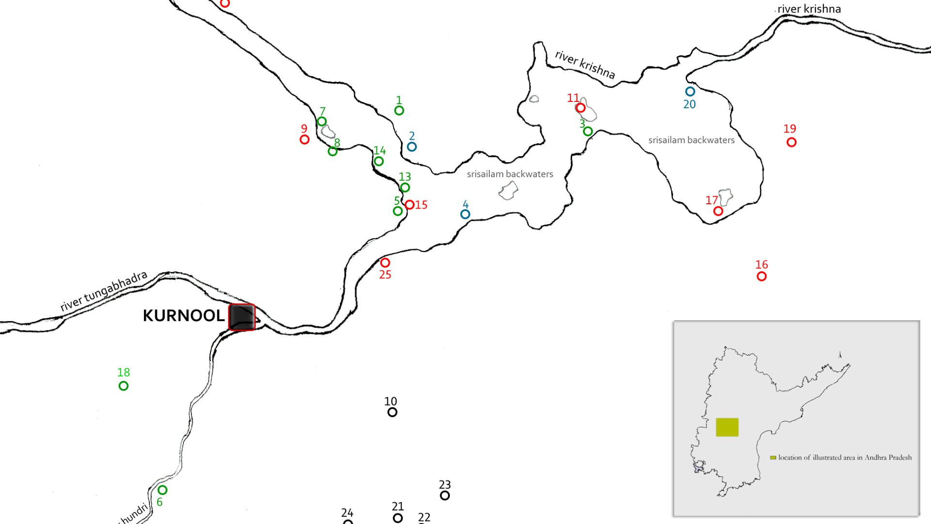 Pre Historic Mid Krishna-Tungabhadra Valley sites are:
1. Peddamarur, 2. Chinnamarur, 3. Veerapuram(submerged), 4. Sathanikota(submerged), 5. Gondimalla, 6. Bastipadu, 7. Seripalli(Sherpally), 8. Kyathur, 9. Pragatoor, 10. Kethavaram, 11. Moorakonda, 12. 