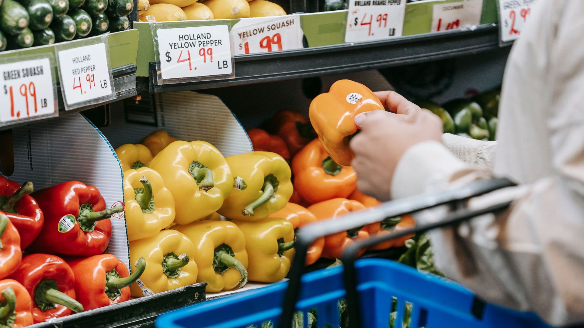 Side view of crop faceless buyer in casual clothes carrying shopping basket while choosing assorted colorful bell peppers in supermarket