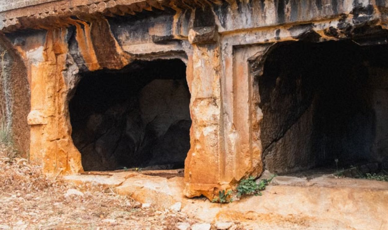 Explore ancient rock-cut tombs nestled in a serene forest setting under the daylight