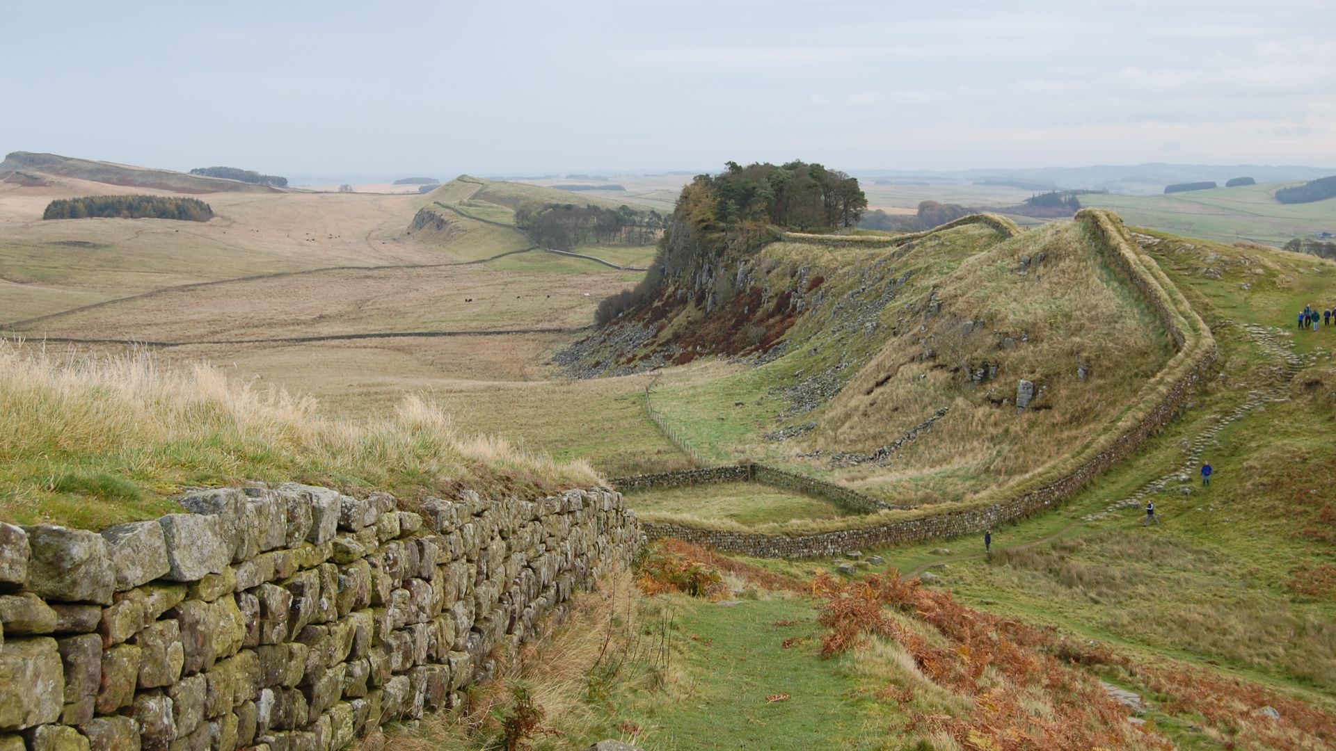 A stretch of Hadrian's Wall about 1 mile west of the Roman Fort near Housesteads.