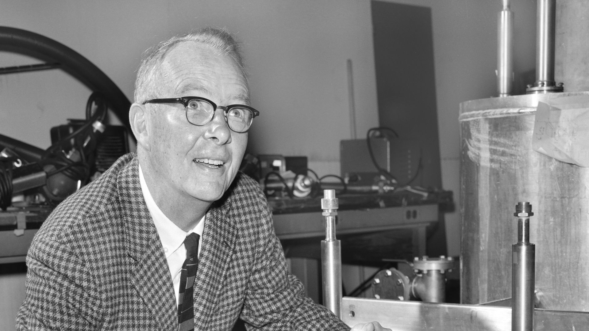 Photo of physicist Luis Walter Alvarez with a magnetic monopole detector, taken April 1969.
The detector is described in Luis W. Alvarez et al.,