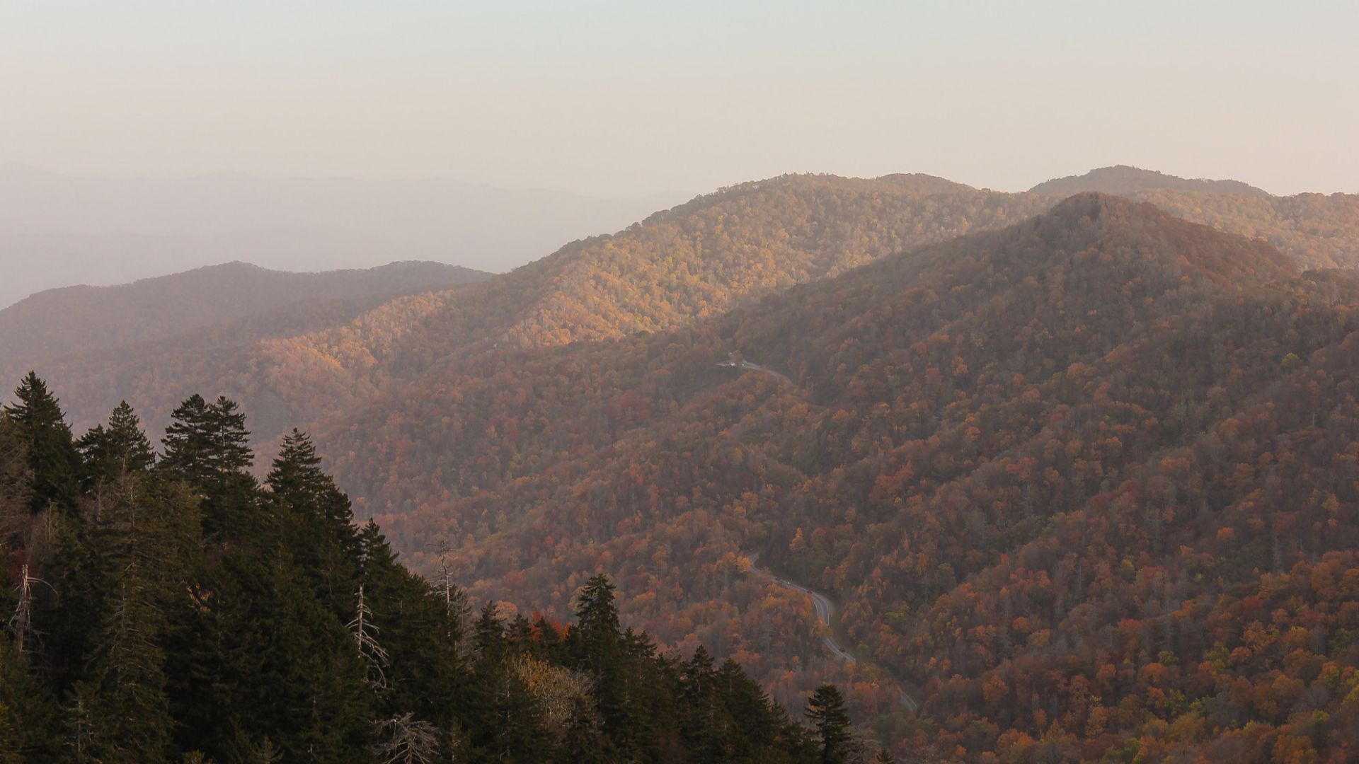 500px provided description: A view of the road to Cherokee, NC as it winds it's way up the Smokey Mountains. Lots of water vapor in the air, it gives the mountains their