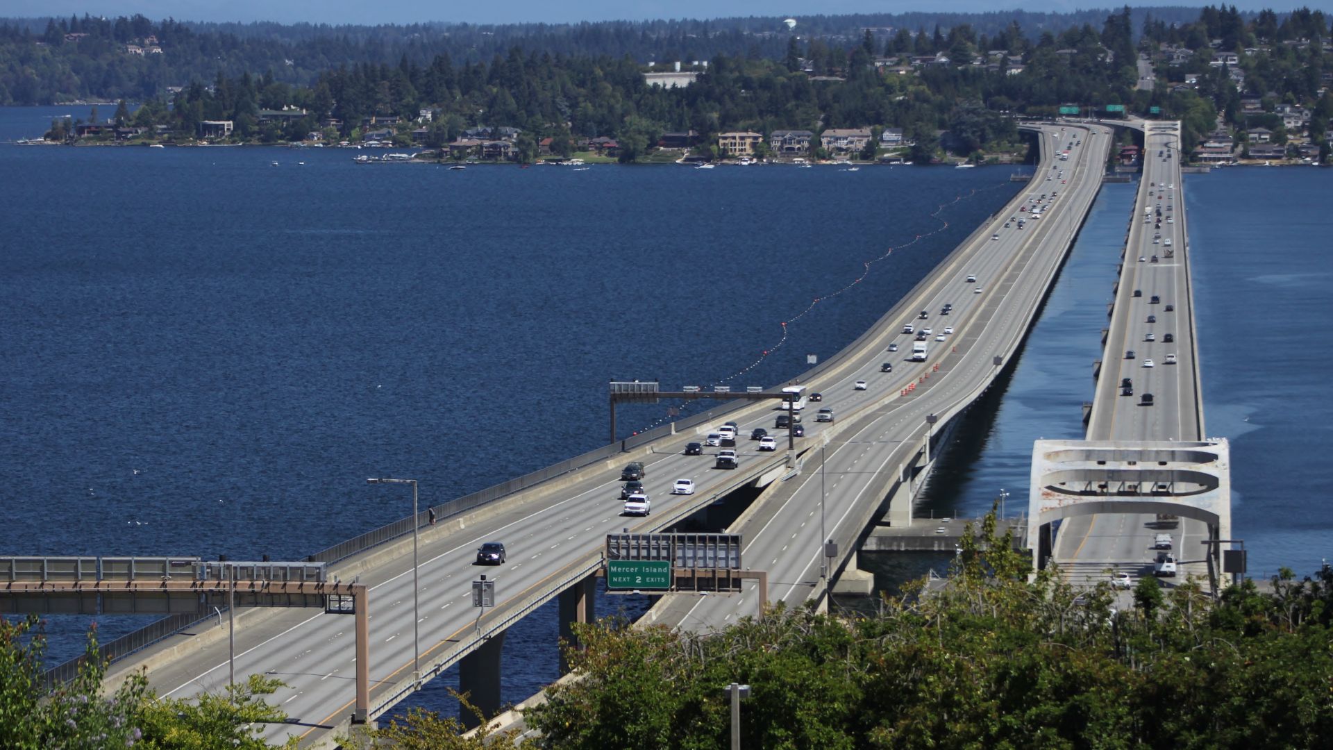 The Interstate 90 floating bridges over Lake Washington, viewed from the Seattle side shortly after re-opening to traffic following a Blue Angels performance.