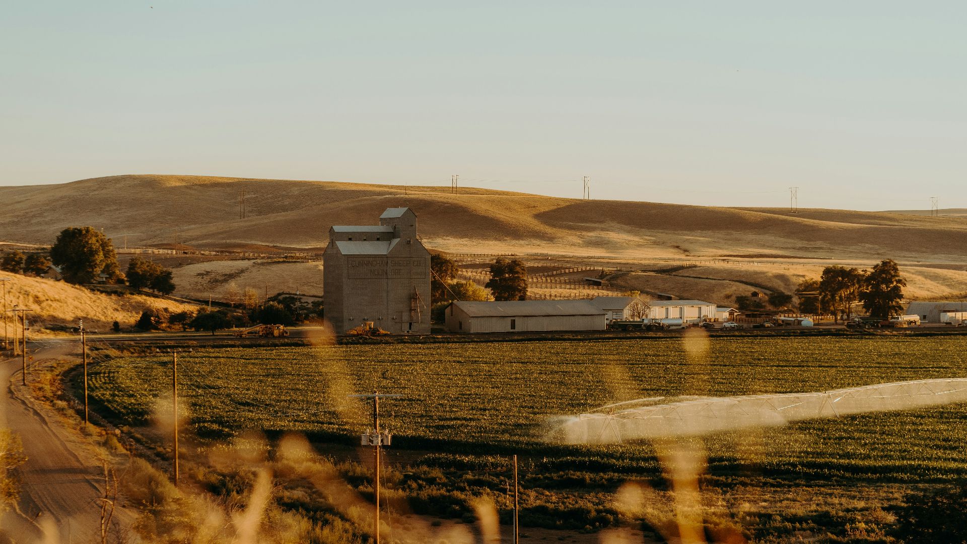 Rural farm with grain silo and fields at sunset