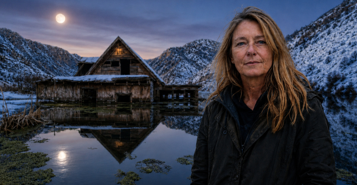 Abandoned town, woman in foreground looking at camera