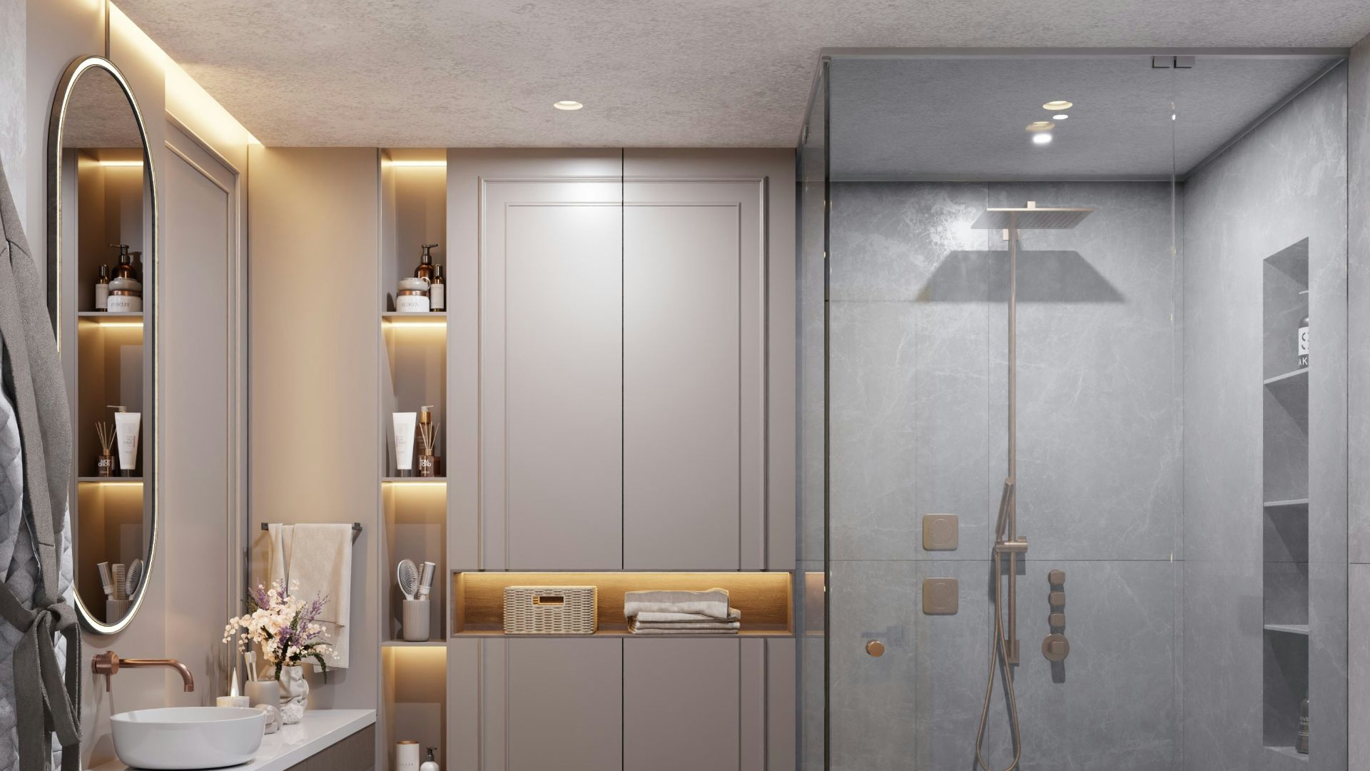 Modern bathroom with glass shower and vanity