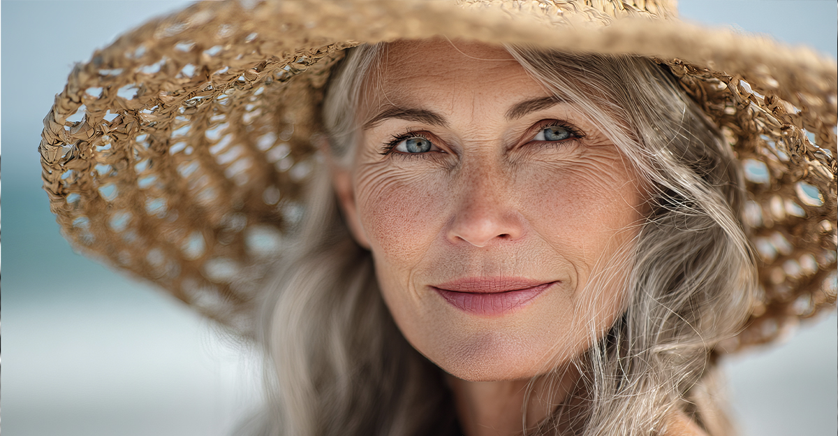 Beautiful senior woman wearing a woven straw sun hat looking directly at the camera with a soft and gentle smile
