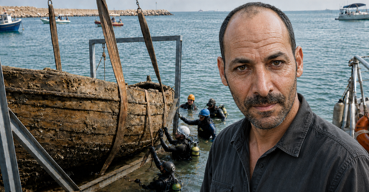 An archaeologist stands beside divers recovering a wooden shipwreck from the sea.