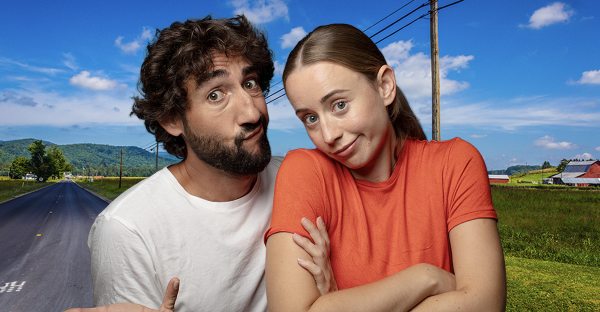 Composite image of confused couple standing on country road in rural America