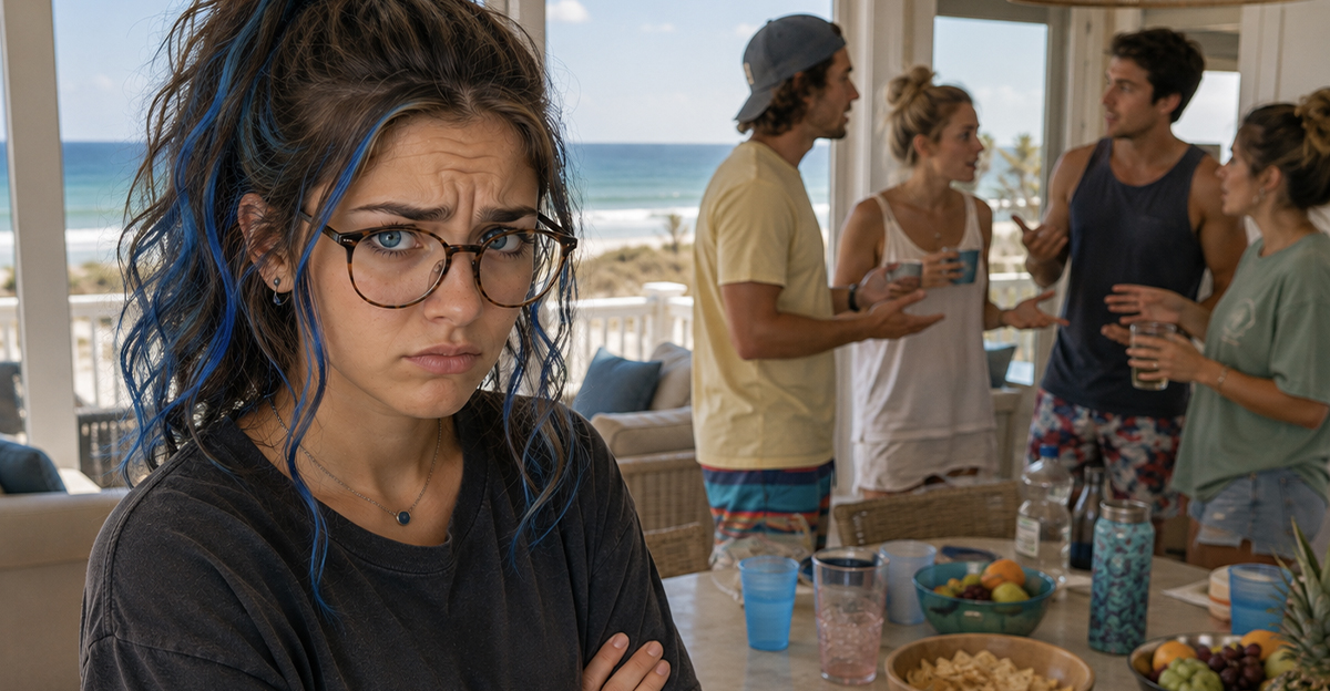 A concerned woman with blue hair and glasses