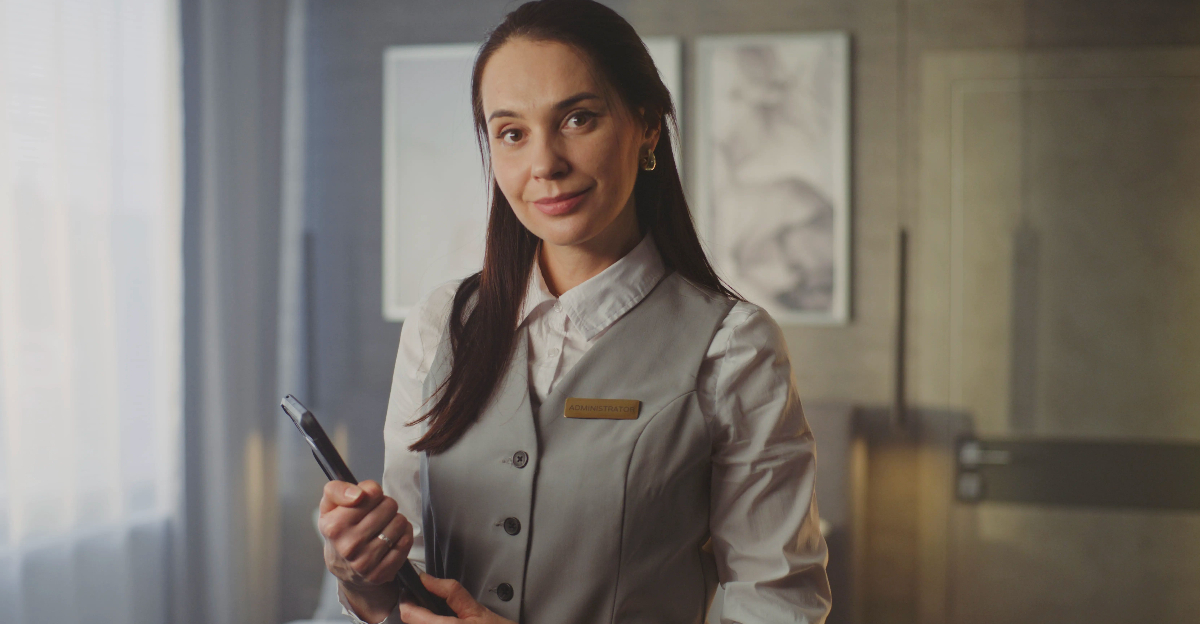 Smiling Female Hotel Service Professional in Uniform 