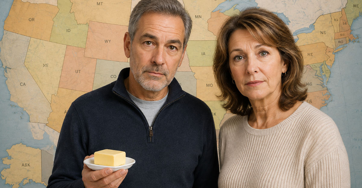 Man and woman in front of USA map. Man holding butter