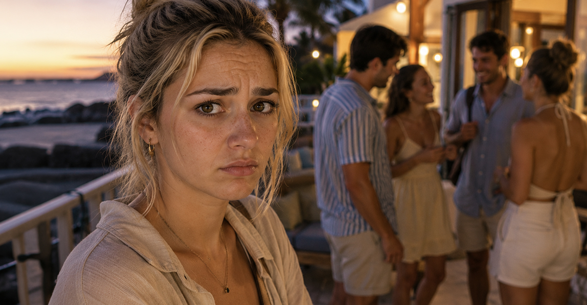 Worried blonde woman at a party
