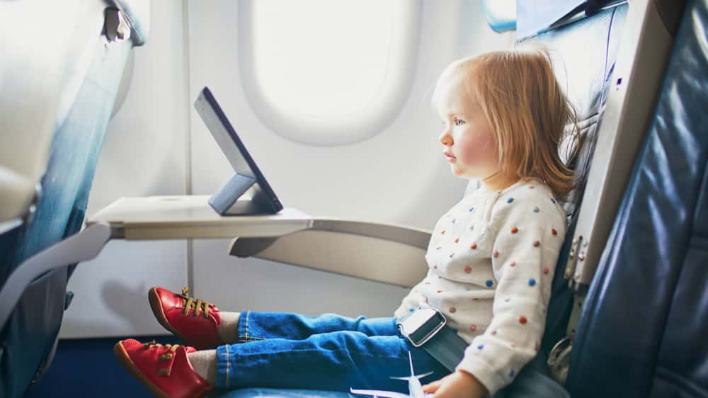 Adorable little toddler girl traveling by plane. Small child sitting by aircraft window and using a digital tablet during the flight. Traveling abroad with kids. Unaccompanied minor concept