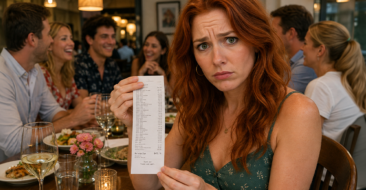 A red haired woman holding a receipt