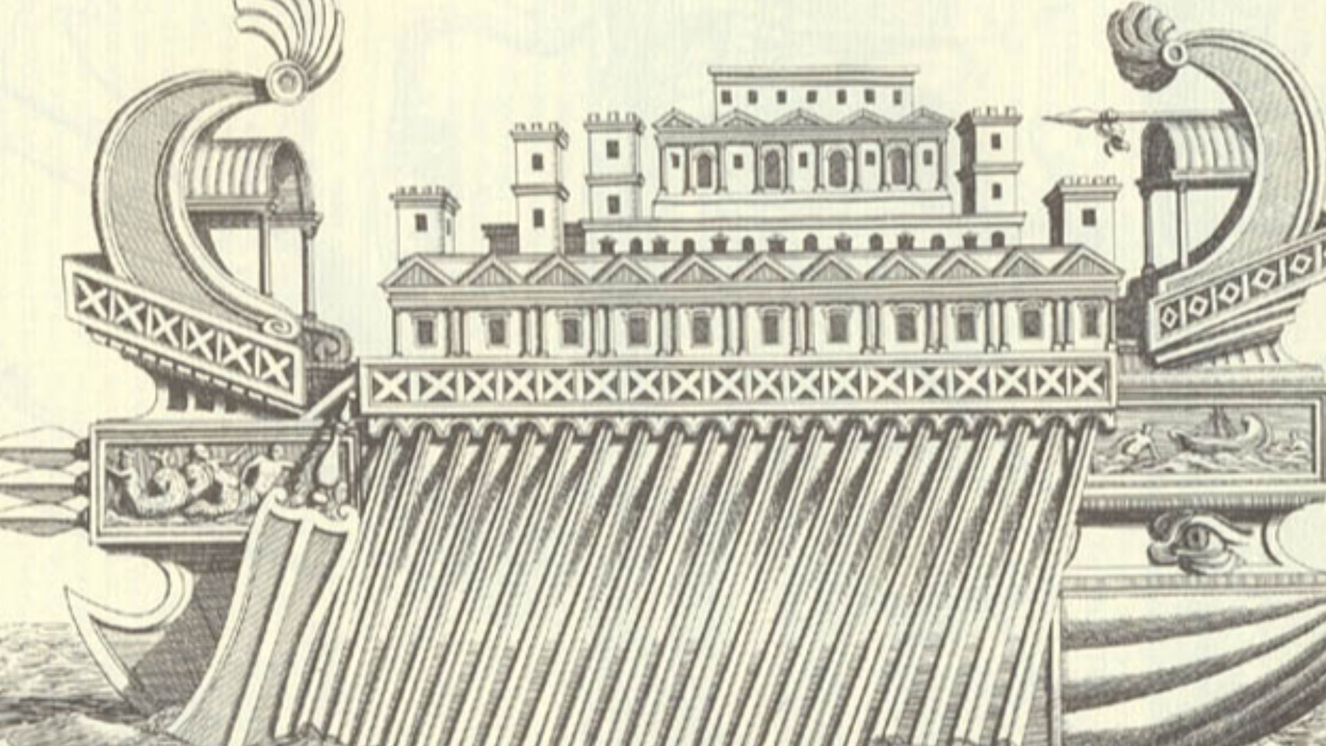 Drawing of Thalamegos, a huge twin-hulled catamaran commissioned by Egyptian king w:Ptolemy IV Philopator|Ptolemy IV Philopator ca. 200 BCE.