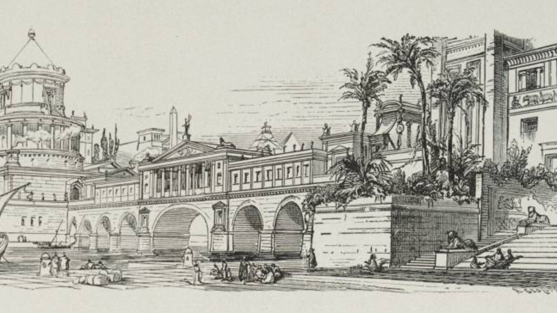 Line drawing of a scene from Alexandria in ancient times.