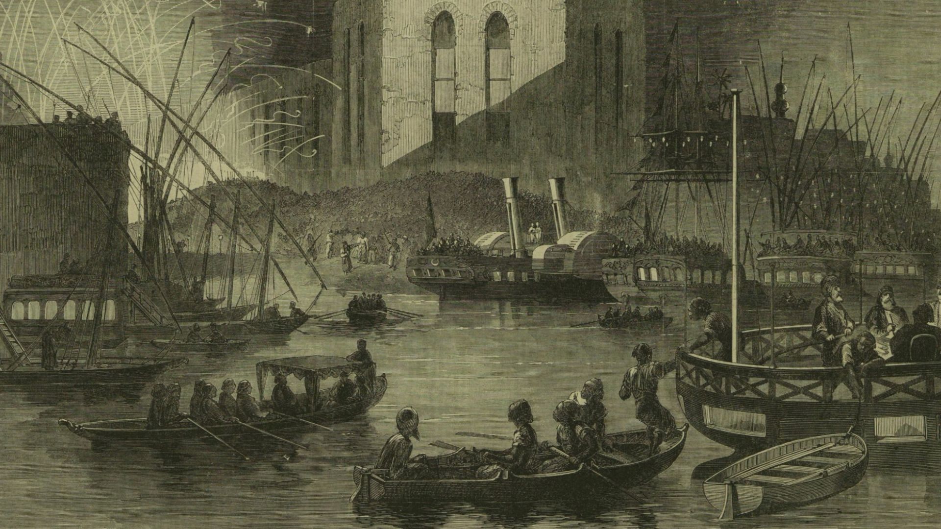 A Night Scene on the Nile, near the Mouth of the Cairo Canal, during the Festival of Gebr-El-Haleeg, or breaking the Canal.. Illustration for The Illustrated London News, 1 November 1862.
Volume 41, Issue 1172
Read the ILN

THE FESTIVAL OF GEBR-EL-HALEEG,