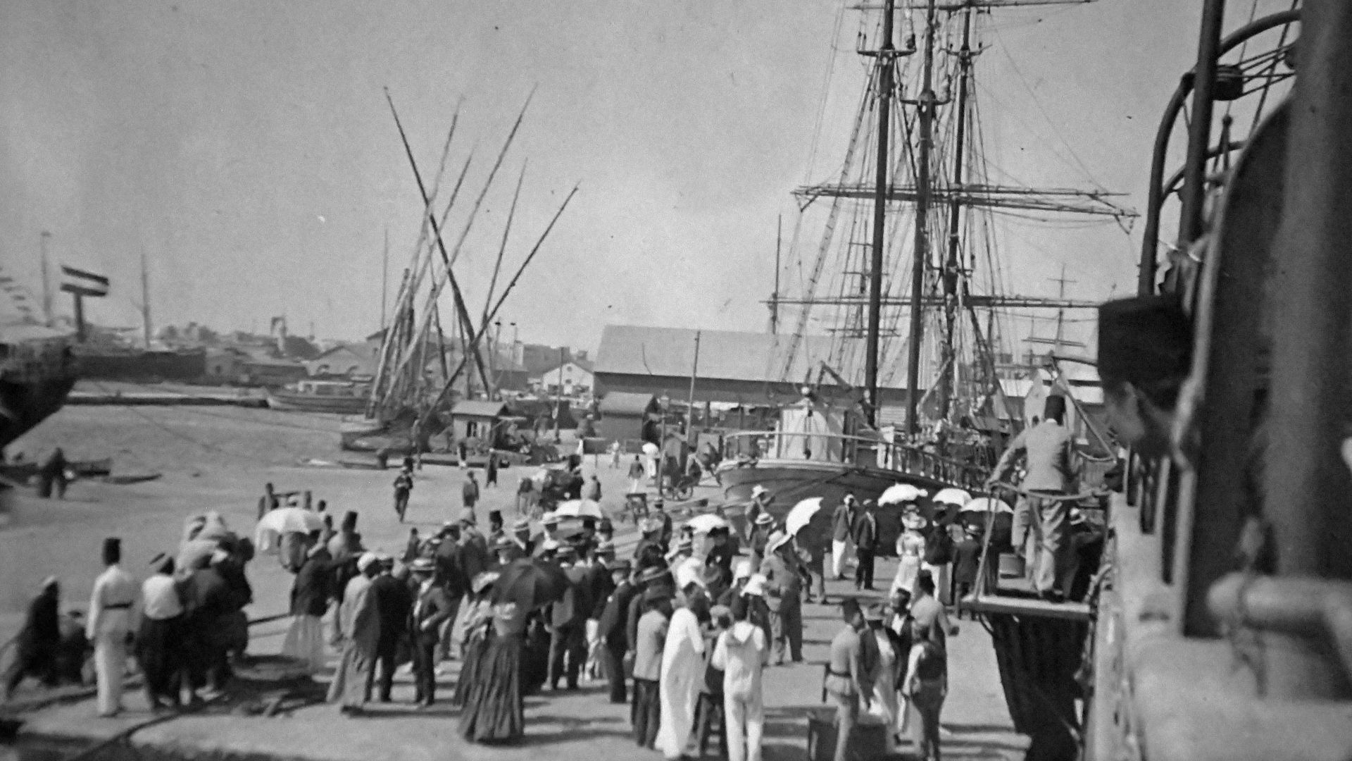 View of the port of Alexandria, photographed from the steamship the “Nile” shortly before departure. Angelo Sesana Archive.